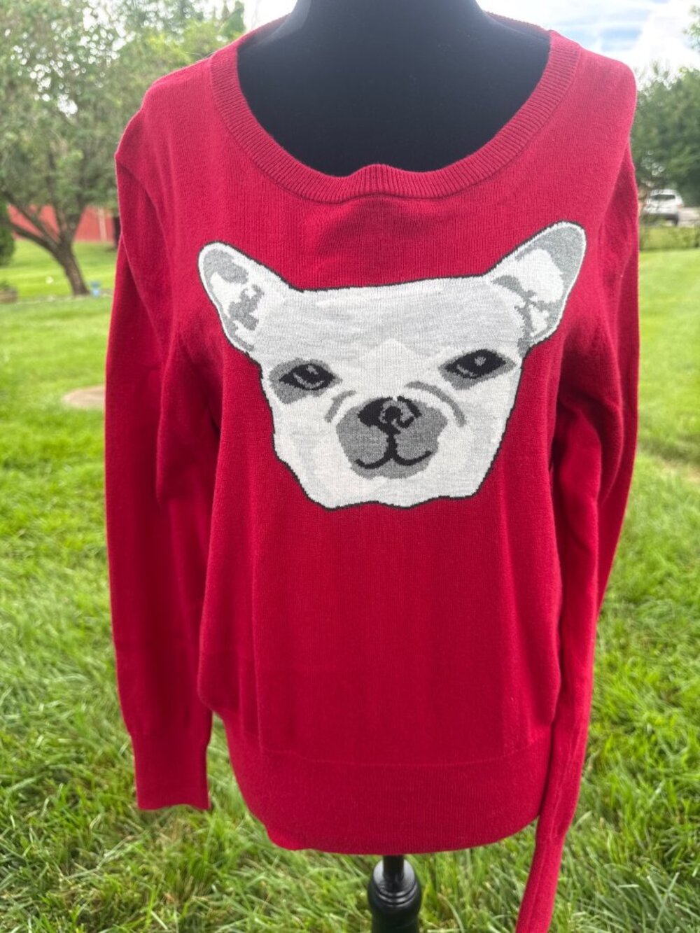 GAP French Bulldog Sweater Women's Large Red Dog Crewneck pullover